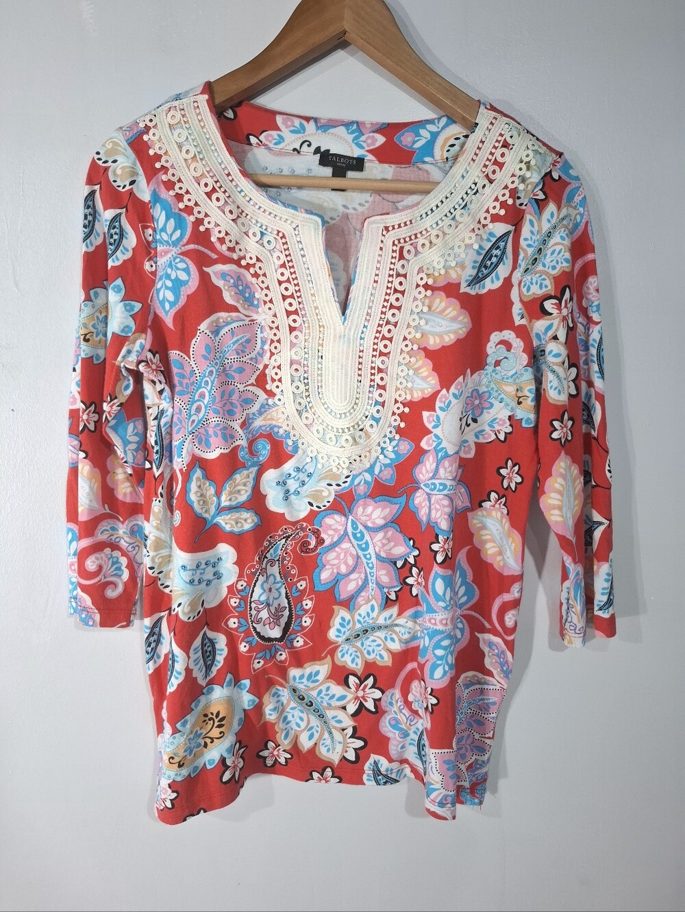 Talbots Women's Pima Cotton Blend Paisley Floral Crochet Tunic Size Petite S - Picture 2 of 11